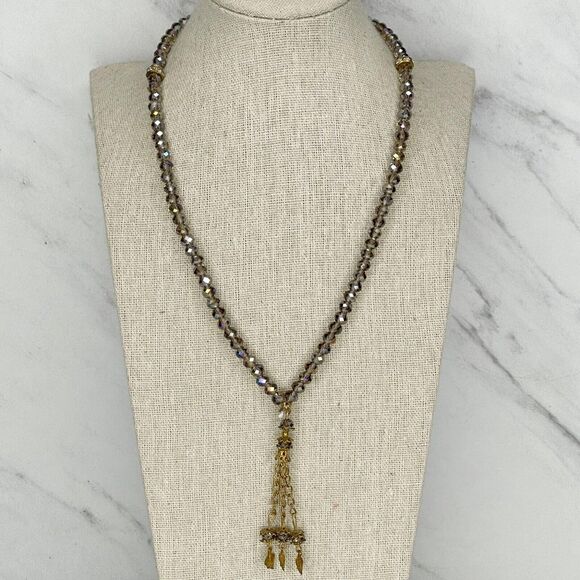 Gold Tone Iridescent Beaded Leaf Tassel Childs Necklace - Picture 1 of 5
